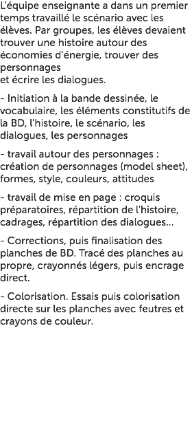 L'équipe enseignante a dans un premier temps travaillé le scénario avec les élèves. Par groupes, les élèves devaient trouver une histoire autour des économies d'énergie, trouver des personnages et écrire les dialogues. - Initiation à la bande dessinée, le vocabulaire, les éléments constitutifs de la BD, l'histoire, le scénario, les dialogues, les personnages - travail autour des personnages : création de personnages (model sheet), formes, style, couleurs, attitudes - travail de mise en page : croquis préparatoires, répartition de l'histoire, cadrages, répartition des dialogues... - Corrections, puis finalisation des planches de BD. Tracé des planches au propre, crayonnés légers, puis encrage direct. - Colorisation. Essais puis colorisation directe sur les planches avec feutres et crayons de couleur. 